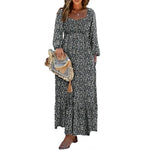 DOKOTOO Women Boho Floral Square Neck Smocked Empire Waist Long Sleeve Flowy Ruffle Hem Beach Maxi Sundress