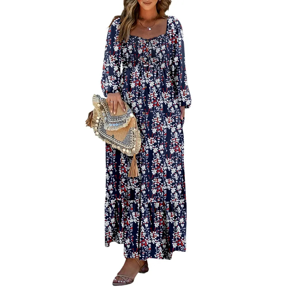 DOKOTOO Women Boho Floral Square Neck Smocked Empire Waist Long Sleeve Flowy Ruffle Hem Beach Maxi Sundress