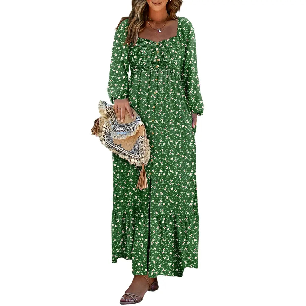 DOKOTOO Women Boho Floral Square Neck Smocked Empire Waist Long Sleeve Flowy Ruffle Hem Beach Maxi Sundress