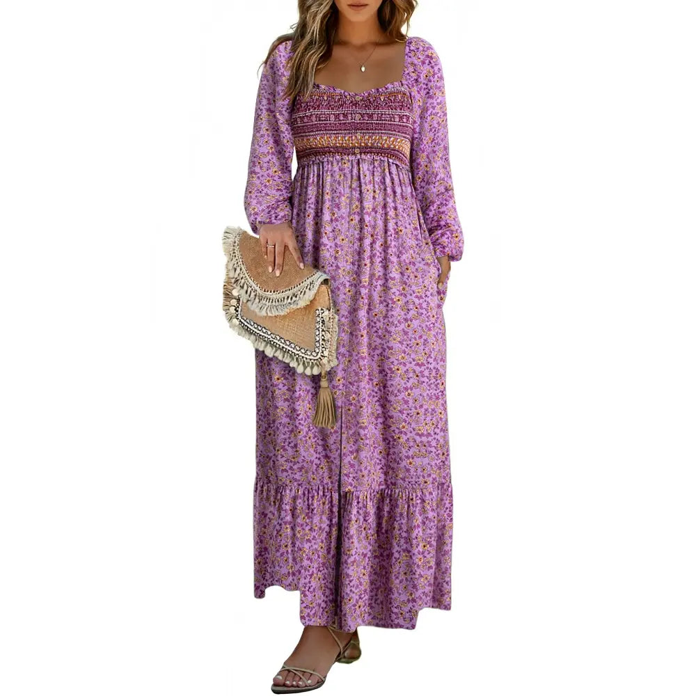 DOKOTOO Women Boho Floral Square Neck Smocked Empire Waist Long Sleeve Flowy Ruffle Hem Beach Maxi Sundress
