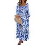 DOKOTOO Women Boho Floral Square Neck Smocked Empire Waist Long Sleeve Flowy Ruffle Hem Beach Maxi Sundress