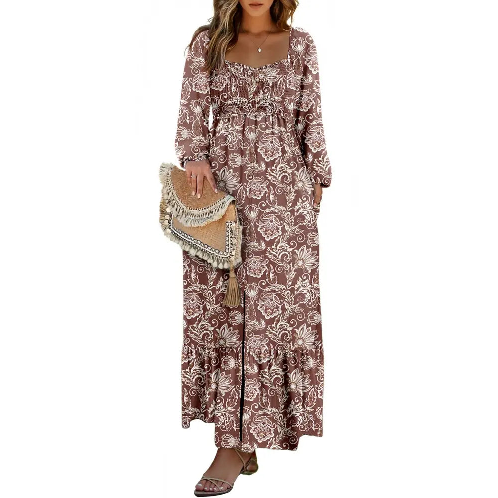 DOKOTOO Women Boho Floral Square Neck Smocked Empire Waist Long Sleeve Flowy Ruffle Hem Beach Maxi Sundress