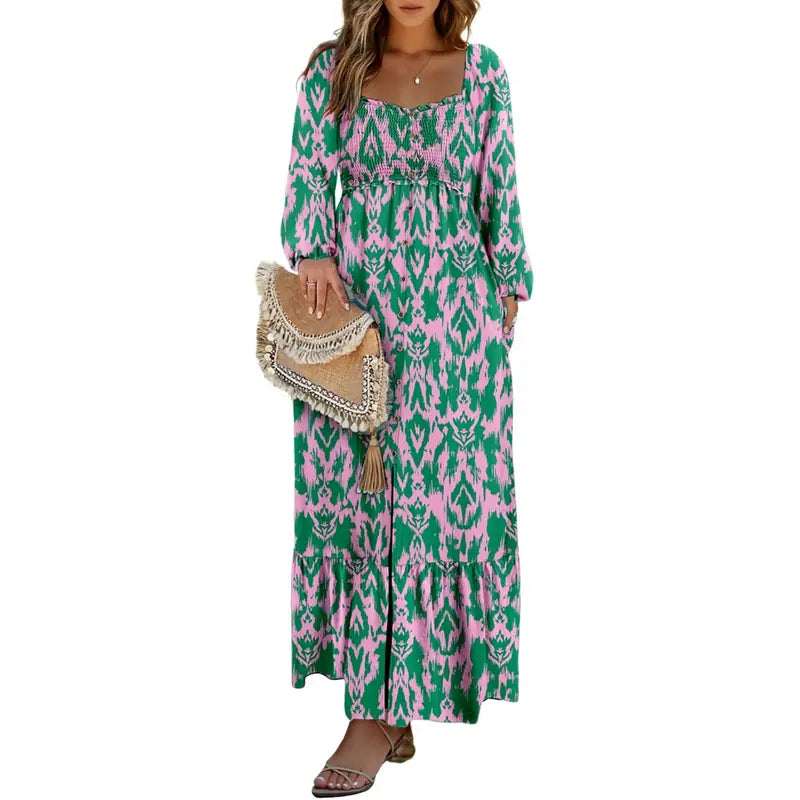 DOKOTOO Women Boho Floral Square Neck Smocked Empire Waist Long Sleeve Flowy Ruffle Hem Beach Maxi Sundress