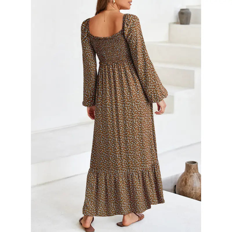 DOKOTOO Women Boho Floral Square Neck Smocked Empire Waist Long Sleeve Flowy Ruffle Hem Beach Maxi Sundress