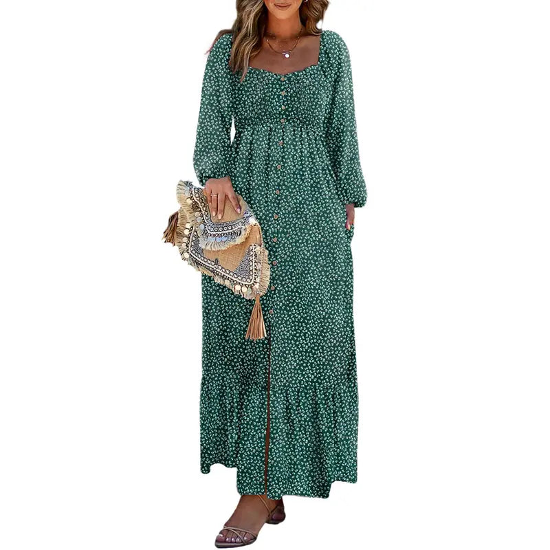 DOKOTOO Women Boho Floral Square Neck Smocked Empire Waist Long Sleeve Flowy Ruffle Hem Beach Maxi Sundress