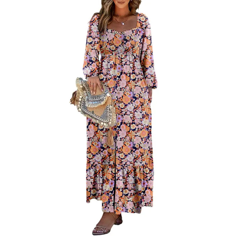 DOKOTOO Women Boho Floral Square Neck Smocked Empire Waist Long Sleeve Flowy Ruffle Hem Beach Maxi Sundress