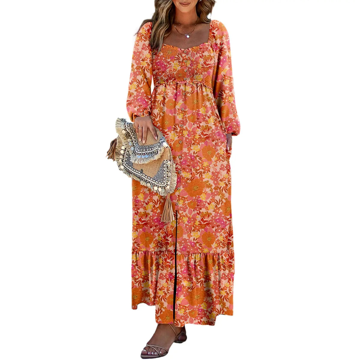 DOKOTOO Women Boho Floral Square Neck Smocked Empire Waist Long Sleeve Flowy Ruffle Hem Beach Maxi Sundress