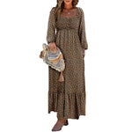 DOKOTOO Women Boho Floral Square Neck Smocked Empire Waist Long Sleeve Flowy Ruffle Hem Beach Maxi Sundress