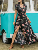 Women's Boho Floral Print V Neck Short Sleeve Button Front Split Thigh Shirred Waist Ruffle Hem Long Maxi Summer Dress For Holiday Beach Daily Wear