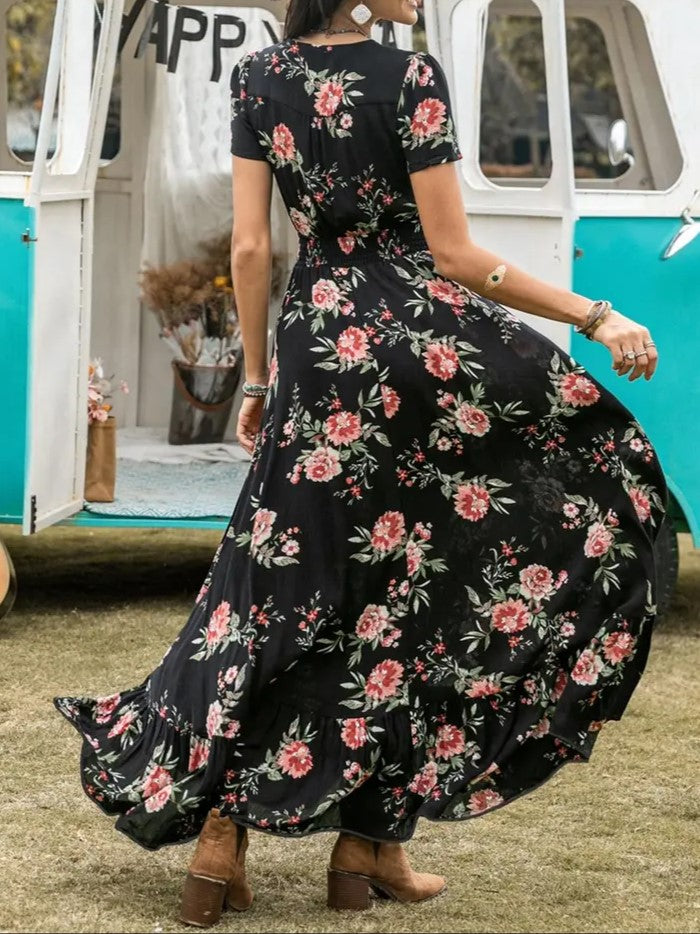 Women's Boho Floral Print V Neck Short Sleeve Button Front Split Thigh Shirred Waist Ruffle Hem Long Maxi Summer Dress For Holiday Beach Daily Wear