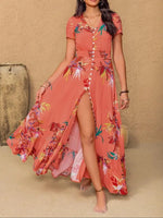 Women's Boho Floral Print V Neck Short Sleeve Button Front Split Thigh Shirred Waist Ruffle Hem Long Maxi Summer Dress For Holiday Beach Daily Wear