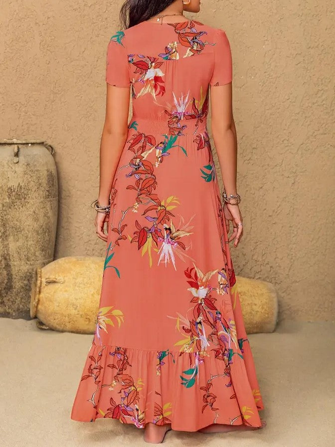 Women's Boho Floral Print V Neck Short Sleeve Button Front Split Thigh Shirred Waist Ruffle Hem Long Maxi Summer Dress For Holiday Beach Daily Wear