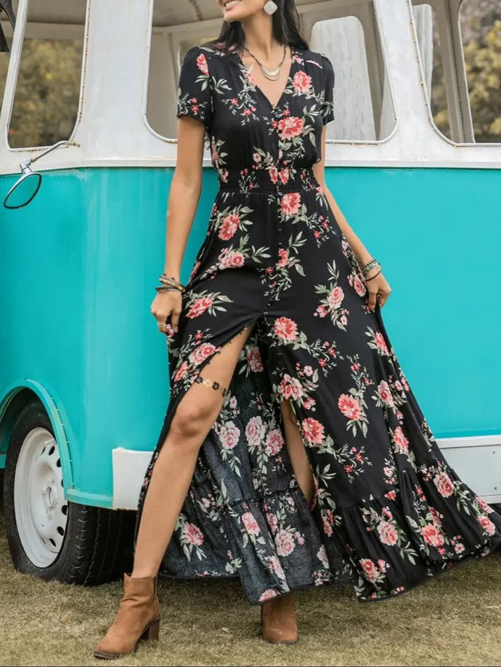 Women's Boho Floral Print V Neck Short Sleeve Button Front Split Thigh Shirred Waist Ruffle Hem Long Maxi Summer Dress For Holiday Beach Daily Wear