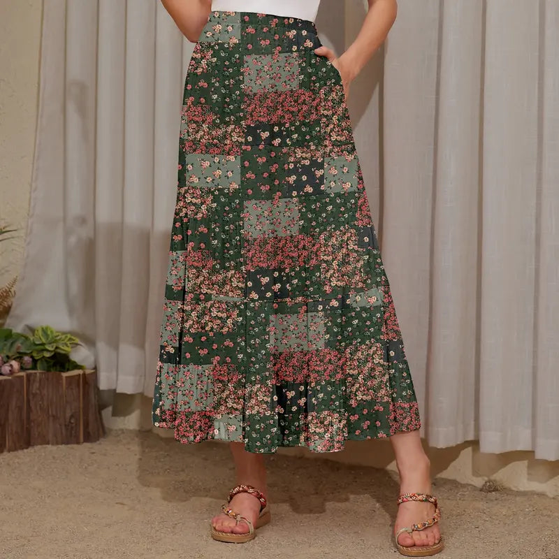 Women's High Waisted Elastic Chiffon Tiered Pleated Maxi Skirt Boho Long Skirt with Side Pockets Solid & Floral Print Summer Bottom Outfits