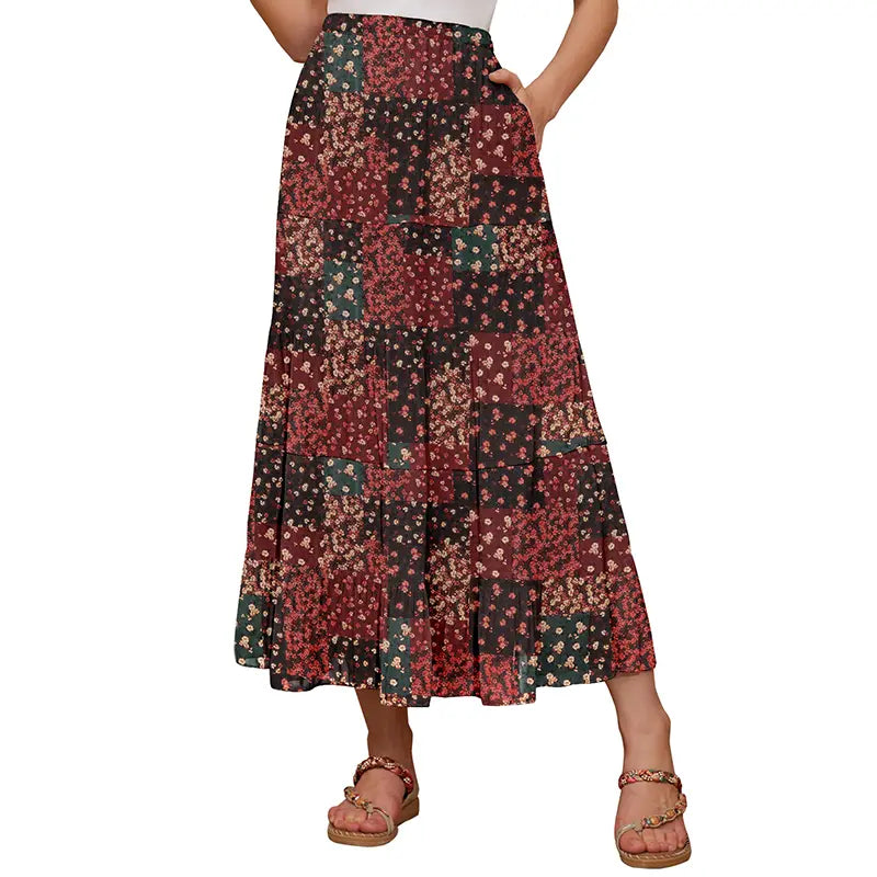 Women's High Waisted Elastic Chiffon Tiered Pleated Maxi Skirt Boho Long Skirt with Side Pockets Solid & Floral Print Summer Bottom Outfits