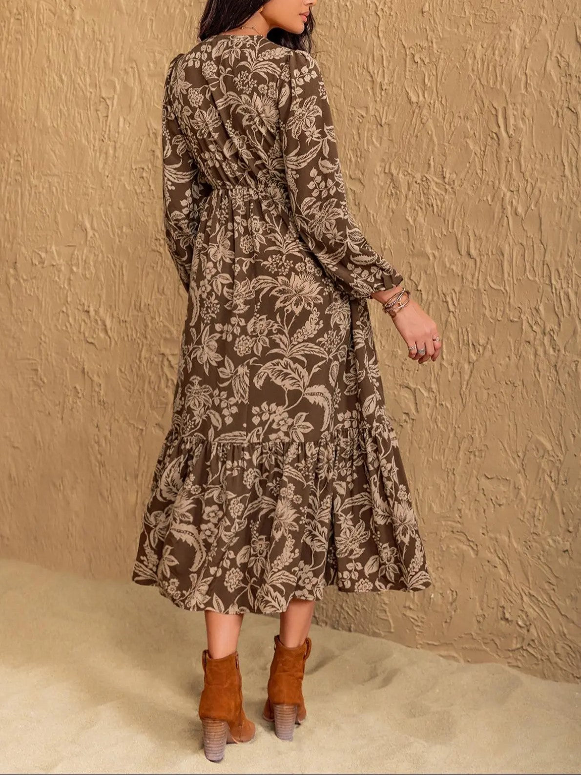 Women's Floral Print Contrast Lace V Neck Bishop Long Sleeve Ruffle Hem Boho Chic Flowy Midi Dress For Vacation All Seasons Wear