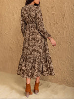 Women's Floral Print Contrast Lace V Neck Bishop Long Sleeve Ruffle Hem Boho Chic Flowy Midi Dress For Vacation All Seasons Wear