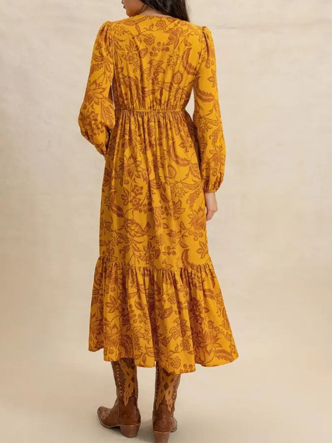Women's Floral Print Contrast Lace V Neck Bishop Long Sleeve Ruffle Hem Boho Chic Flowy Midi Dress For Vacation All Seasons Wear