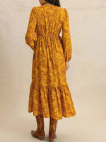 Women's Floral Print Contrast Lace V Neck Bishop Long Sleeve Ruffle Hem Boho Chic Flowy Midi Dress For Vacation All Seasons Wear