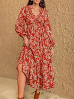 Women's Floral Print Contrast Lace V Neck Bishop Long Sleeve Ruffle Hem Boho Chic Flowy Midi Dress For Vacation All Seasons Wear