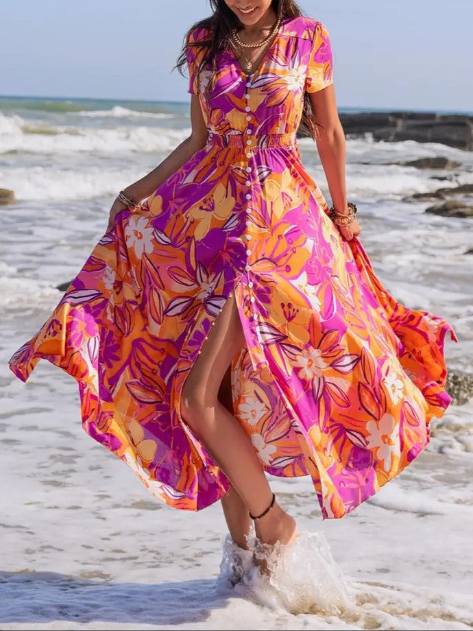 Women's Floral Print V Neck Short Sleeve Button Front Shirred Waist A Line Boho Maxi Dress With Side Pockets Summer Beach Vacation Sundress