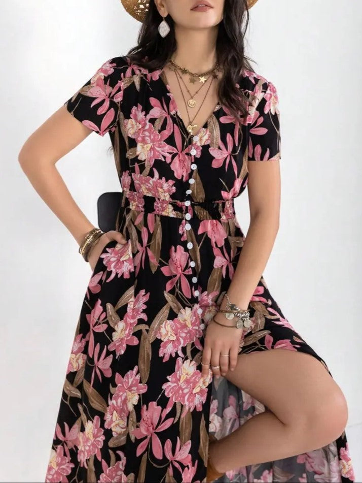 Women's Floral Print V Neck Short Sleeve Button Front Shirred Waist A Line Boho Maxi Dress With Side Pockets Summer Beach Vacation Sundress