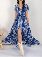 Women's Floral Print V Neck Short Sleeve Button Front Shirred Waist A Line Boho Maxi Dress With Side Pockets Summer Beach Vacation Sundress