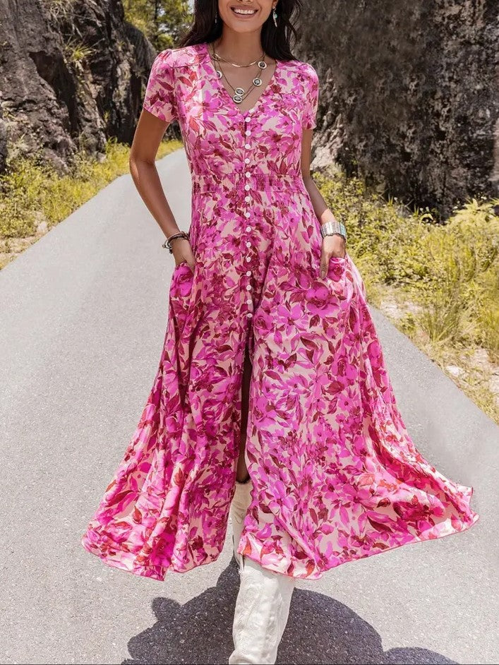 Women's Floral Print V Neck Short Sleeve Button Front Shirred Waist A Line Boho Maxi Dress With Side Pockets Summer Beach Vacation Sundress