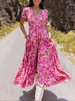 Women's Floral Print V Neck Short Sleeve Button Front Shirred Waist A Line Boho Maxi Dress With Side Pockets Summer Beach Vacation Sundress