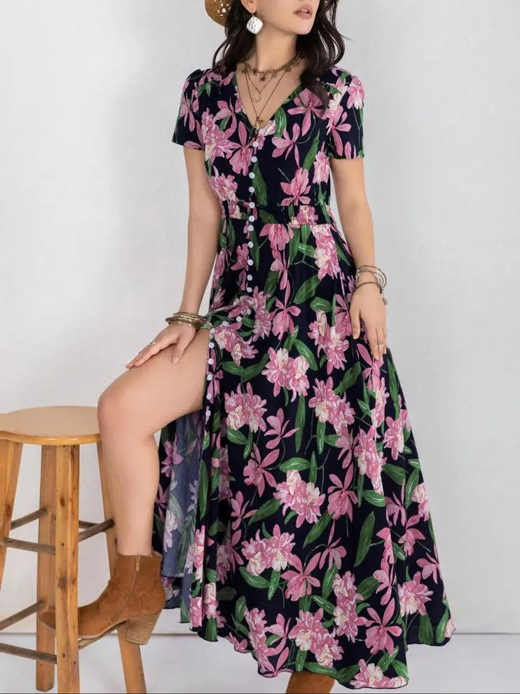 Women's Floral Print V Neck Short Sleeve Button Front Shirred Waist A Line Boho Maxi Dress With Side Pockets Summer Beach Vacation Sundress