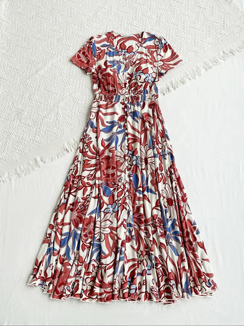 Women's Floral Print V Neck Short Sleeve Button Front Shirred Waist A Line Boho Maxi Dress With Side Pockets Summer Beach Vacation Sundress