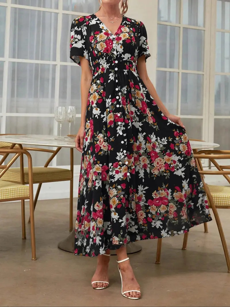 Women's French Boho Floral Print V Neck Short Sleeve Button Front Drawstring Waist Flowy Midi Dress Summer Beach Vacation Sundress