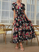 Women's French Boho Floral Print V Neck Short Sleeve Button Front Drawstring Waist Flowy Midi Dress Summer Beach Vacation Sundress