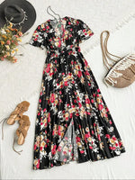 Women's French Boho Floral Print V Neck Short Sleeve Button Front Drawstring Waist Flowy Midi Dress Summer Beach Vacation Sundress