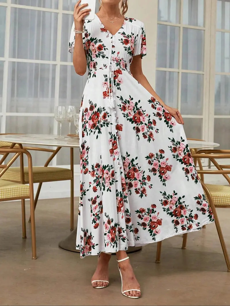 Women's French Boho Floral Print V Neck Short Sleeve Button Front Drawstring Waist Flowy Midi Dress Summer Beach Vacation Sundress