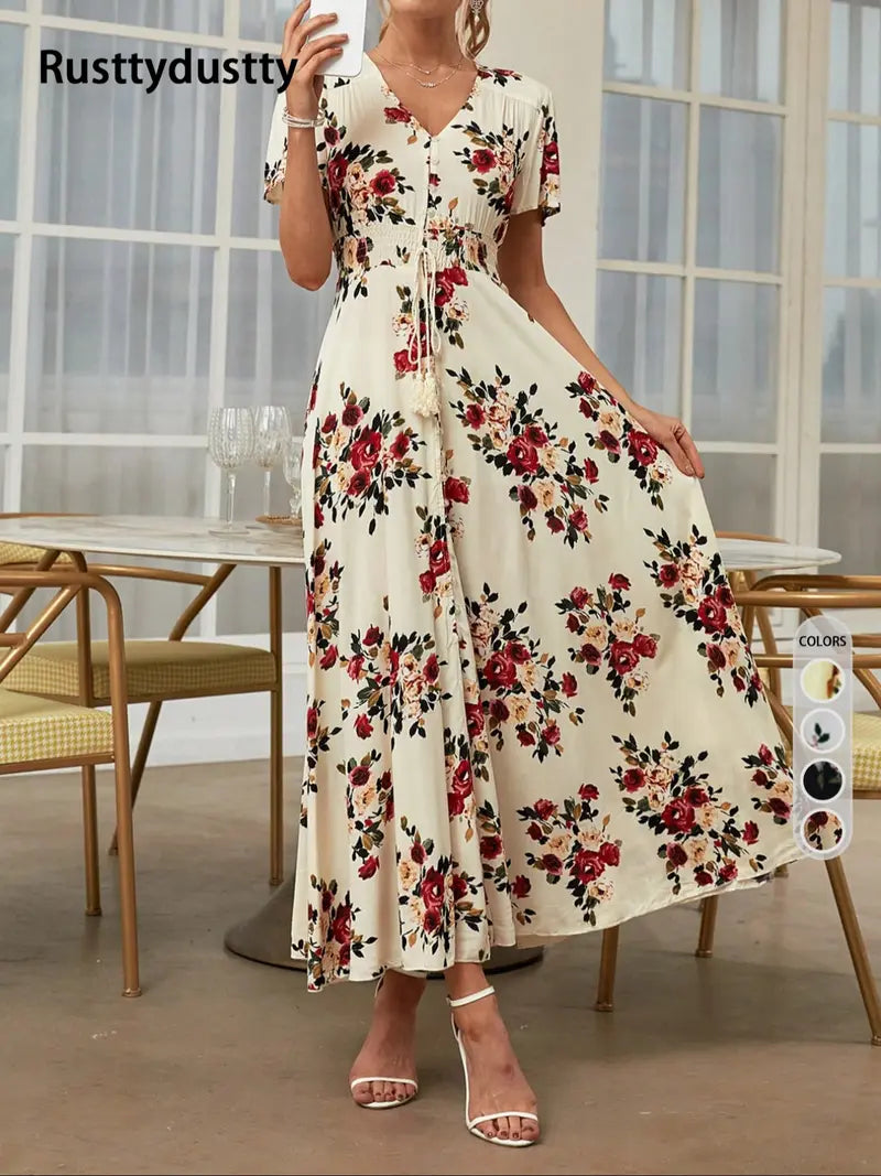 Women's French Boho Floral Print V Neck Short Sleeve Button Front Drawstring Waist Flowy Midi Dress Summer Beach Vacation Sundress