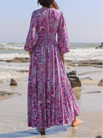 Women's Boho Bohemian Style Long Sleeve Woven Paisley Print Dress with Fitted Waist, Comfortable and Stylish for All Seasons, Perfect for the Beach