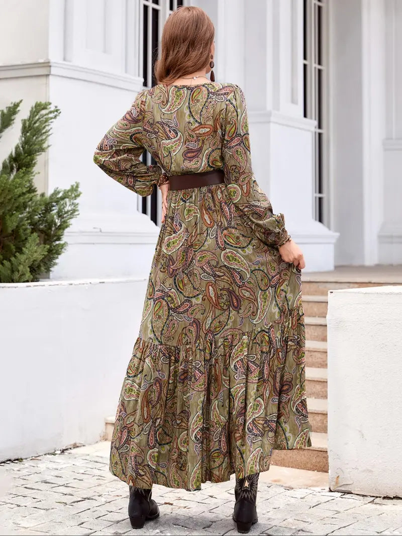 Women's Boho Bohemian Style Long Sleeve Woven Paisley Print Dress with Fitted Waist, Comfortable and Stylish for All Seasons, Perfect for the Beach