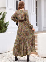 Women's Boho Bohemian Style Long Sleeve Woven Paisley Print Dress with Fitted Waist, Comfortable and Stylish for All Seasons, Perfect for the Beach
