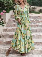 Women's Boho Bohemian Style Long Sleeve Woven Paisley Print Dress with Fitted Waist, Comfortable and Stylish for All Seasons, Perfect for the Beach