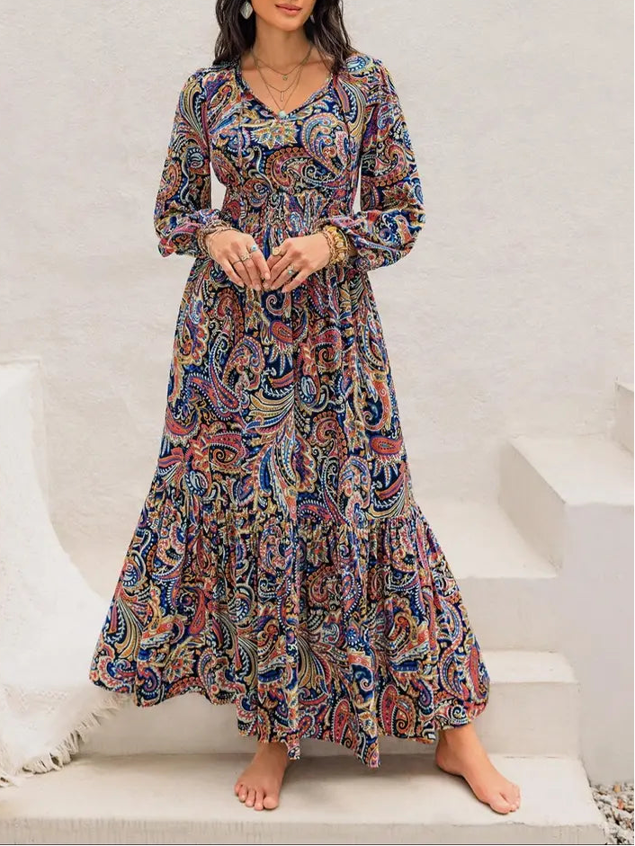 Women's Boho Bohemian Style Long Sleeve Woven Paisley Print Dress with Fitted Waist, Comfortable and Stylish for All Seasons, Perfect for the Beach