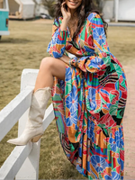 Women's Boho Bohemian Style Long Sleeve Woven Paisley Print Dress with Fitted Waist, Comfortable and Stylish for All Seasons, Perfect for the Beach