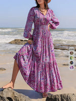 Women's Boho Bohemian Style Long Sleeve Woven Paisley Print Dress with Fitted Waist, Comfortable and Stylish for All Seasons, Perfect for the Beach