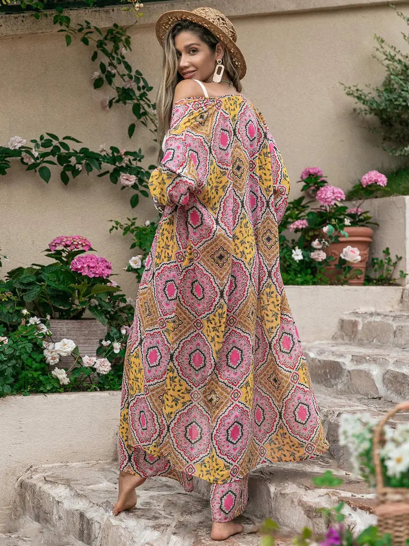 Women's Tribal Pattern Pants Two Piece Set, Bohemian 3/4 Sleeve Open Front Top with Palazzo Pants, Summer Outfits 2026, Beach Outfits Set, Boho 2 Piece Outfits for Women, Fashion Pants Set