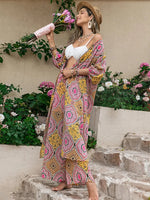 Women's Tribal Pattern Pants Two Piece Set, Bohemian 3/4 Sleeve Open Front Top with Palazzo Pants, Summer Outfits 2026, Beach Outfits Set, Boho 2 Piece Outfits for Women, Fashion Pants Set