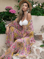 Women's Tribal Pattern Pants Two Piece Set, Bohemian 3/4 Sleeve Open Front Top with Palazzo Pants, Summer Outfits 2026, Beach Outfits Set, Boho 2 Piece Outfits for Women, Fashion Pants Set
