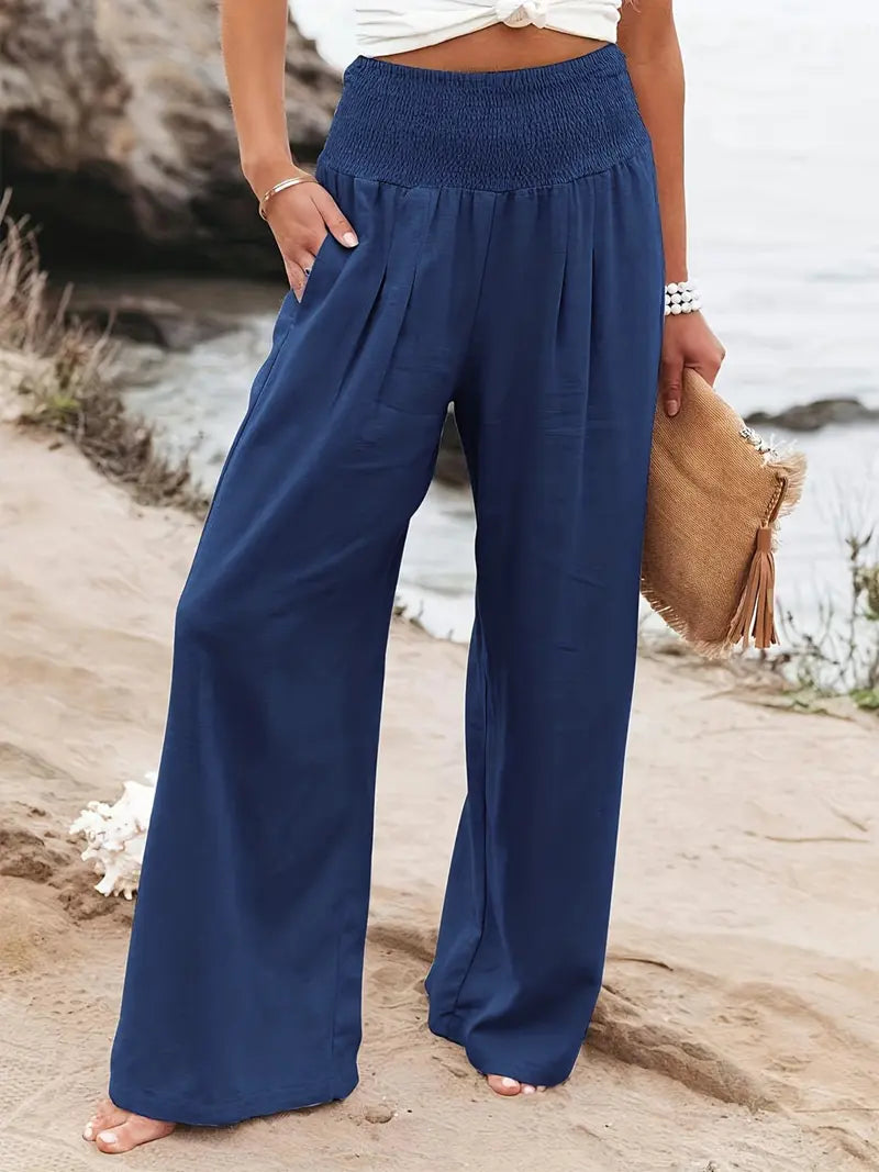 New Spring Summer European Style Women's Casual Comfy Baggy Fit Pants, Retro Vintage Wide Leg Long Pants, Elastic Waist, Solid Pattern, Natural Waist, Womenswear