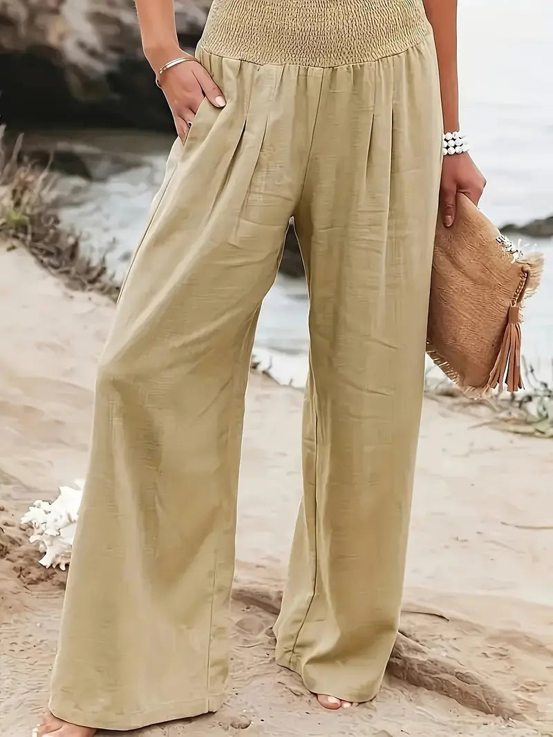 New Spring Summer European Style Women's Casual Comfy Baggy Fit Pants, Retro Vintage Wide Leg Long Pants, Elastic Waist, Solid Pattern, Natural Waist, Womenswear