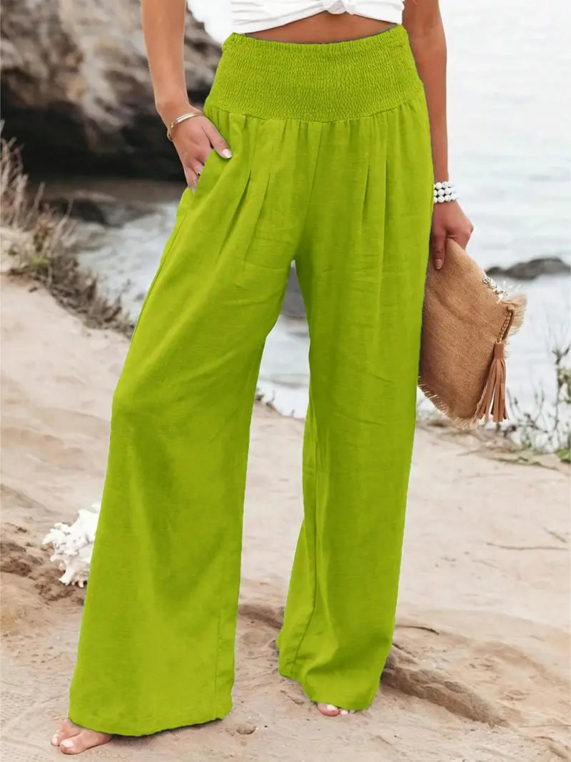 New Spring Summer European Style Women's Casual Comfy Baggy Fit Pants, Retro Vintage Wide Leg Long Pants, Elastic Waist, Solid Pattern, Natural Waist, Womenswear