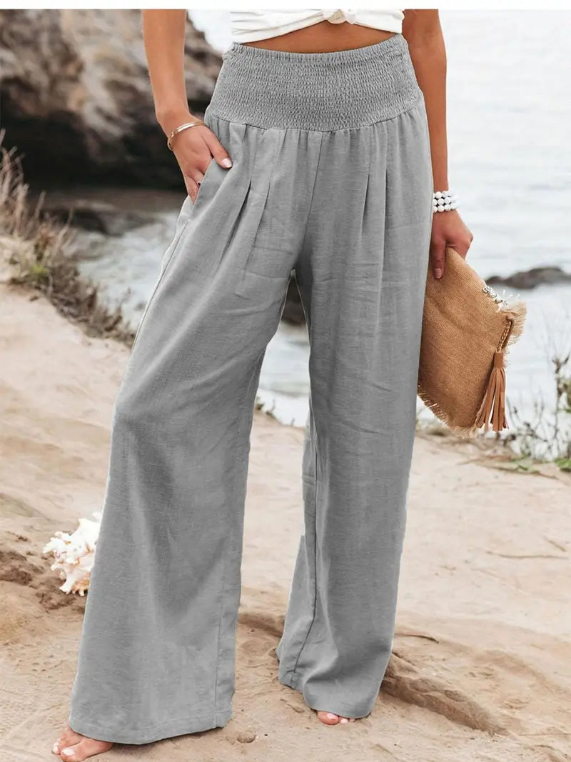 New Spring Summer European Style Women's Casual Comfy Baggy Fit Pants, Retro Vintage Wide Leg Long Pants, Elastic Waist, Solid Pattern, Natural Waist, Womenswear